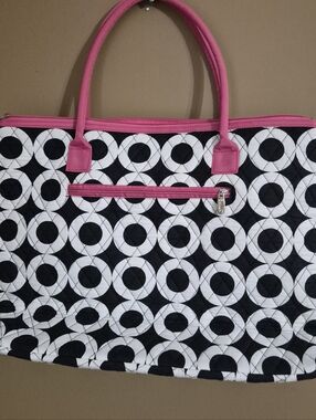 Black & White Circle Pattern Overnight Bag Or Diaper Bag with Pink Handles